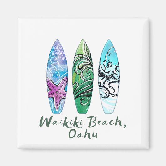 Surfplanken met Waikiki Beach Oahu Waterverf Magneet (Voorkant)
