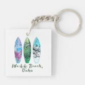 Surfplanken met Waikiki Beach Oahu Waterverf Sleutelhanger (Achterkant)