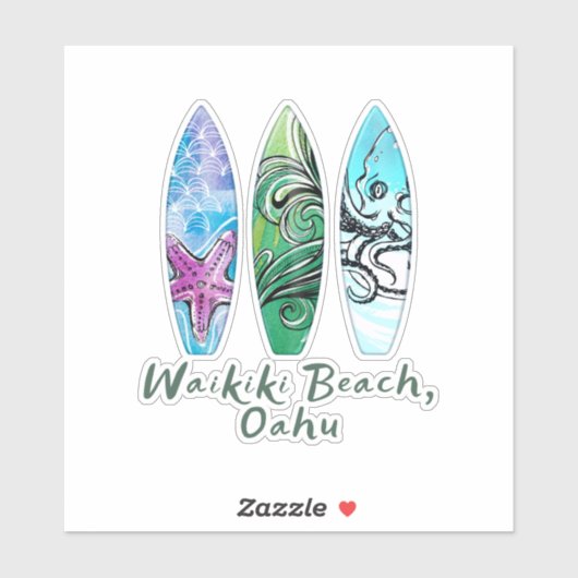 Surfplanken met Waikiki Beach Oahu Waterverf Sticker (Vel)