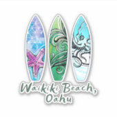 Surfplanken met Waikiki Beach Oahu Waterverf Sticker (Voorkant)