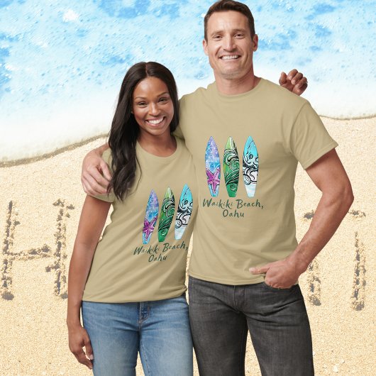 Surfplanken met Waikiki Beach Oahu Waterverf T-shirt