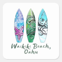 Surfplanken met Waikiki Beach Oahu Waterverf Vierkante Sticker
