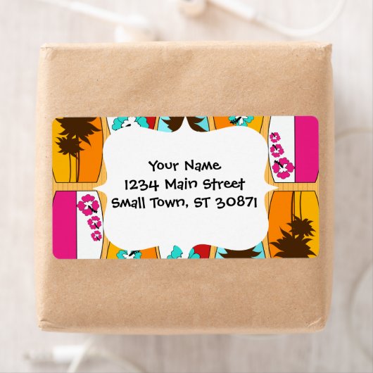 Surfplanken op Boardwalk Summer Beach Theme Etiket (Insitu)