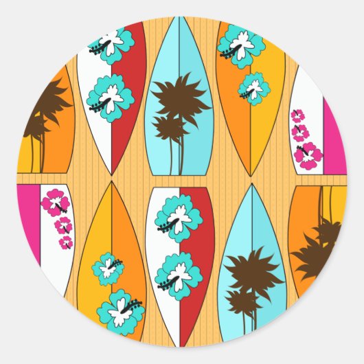 Surfplanken op Boardwalk Summer Beach Theme Ronde Sticker (Voorkant)