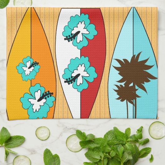 Surfplanken op Boardwalk Summer Beach Theme Theedoek (Gevouwen)