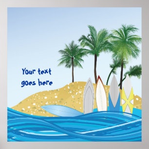 Surfplanken op een tropisch strand met palmbomen poster