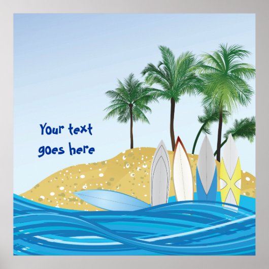 Surfplanken op een tropisch strand met palmbomen poster (Voorkant)