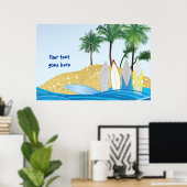 Surfplanken op een tropisch strand met palmbomen poster (Thuiskantoor)