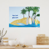 Surfplanken op een tropisch strand met palmbomen poster (Keuken)