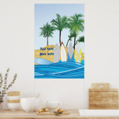 Surfplanken op een tropisch strand met palmbomen poster (Keuken)