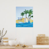 Surfplanken op een tropisch strand met palmbomen poster (Keuken)
