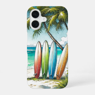 Surfplanken op het strand Aquarel en inkt iPhone 16 Hoesje