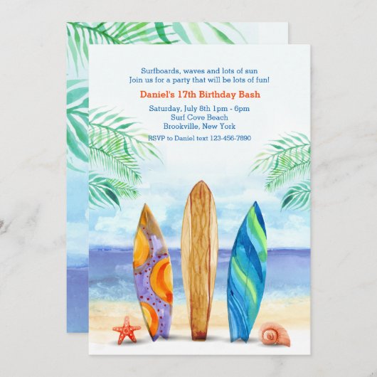 Surfplanken op het strand Uitnodiging (Voorkant / Achterkant)