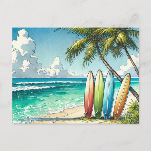 Surfplanken op het strand Waterverf en Ink Briefkaart (Voorkant)