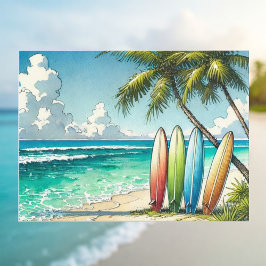 Surfplanken op het strand Waterverf en Ink Briefkaart