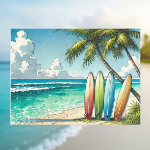 Surfplanken op het strand Waterverf en Ink Briefkaart