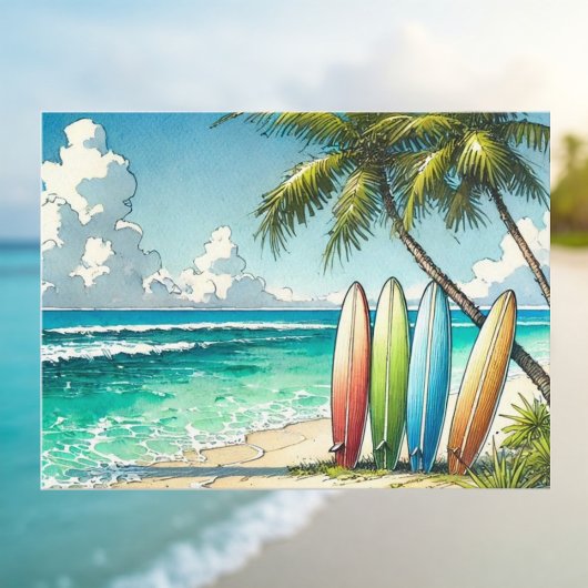 Surfplanken op het strand Waterverf en Ink Briefkaart