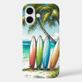 Surfplanken op het strand Waterverf en Ink iPhone 16 Hoesje