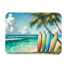 Surfplanken op het strand Waterverf en Ink Magneet
