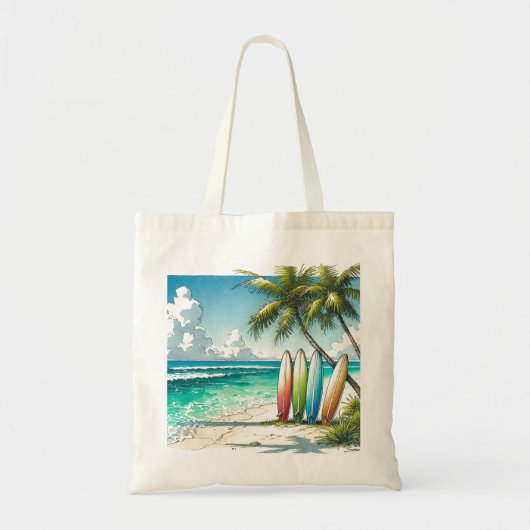 Surfplanken op het strand Waterverf en Ink Tote Bag (Voorkant)
