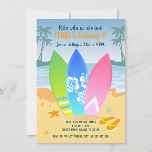 Surfplanken op het strandkinderfeestje kaart (Voorkant)