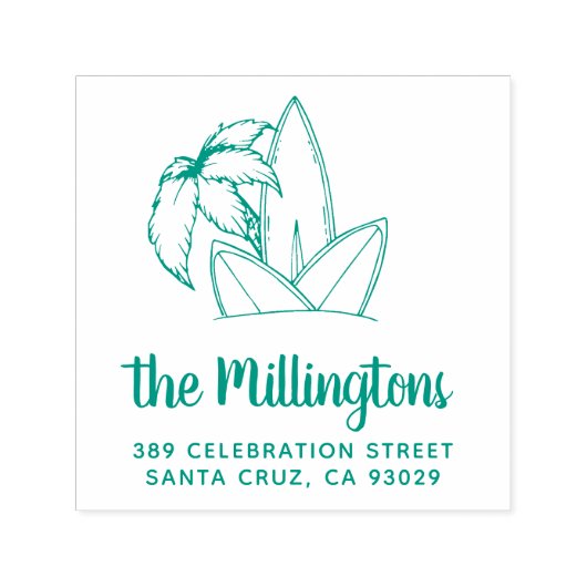 Surfplanken & Palm Tree Familienaam Retouradres Zelfinktende Stempel (Design)