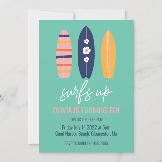 Surfred Up Girl Surfboard strand Birthday Party Kaart (Voorkant)