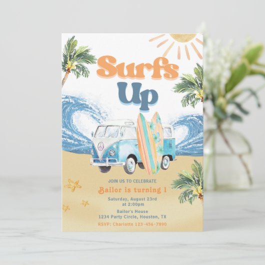 Surfs Omhoog Strand 1e Verjaardagsfeestuitnodiging Kaart (Staand voorkant)