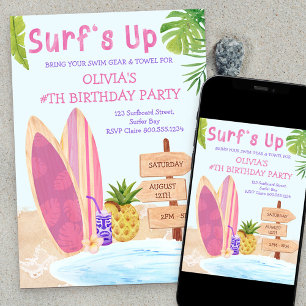 Surfs Omhoog Verjaardagsfeest Meisjes Surfboard Kaart