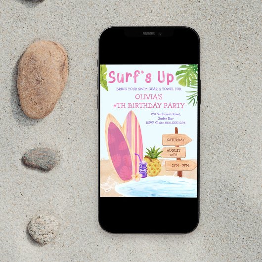 Surfs Omhoog Verjaardagsfeest Meisjes Surfboard Kaart