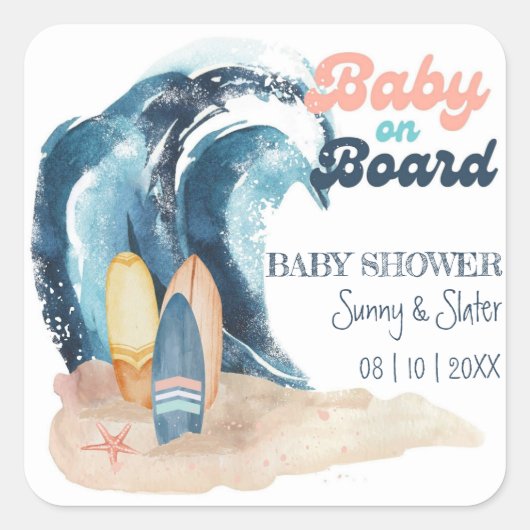 Surf's Up | Baby On Board Beach Baby Shower Vierkante Sticker (Voorkant)