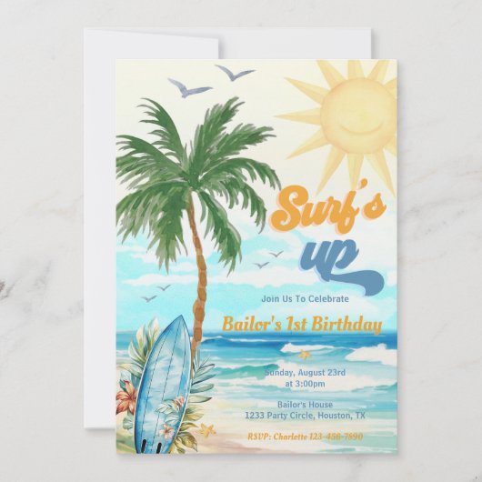 Surfs Up Beach 1e verjaardag uitnodiging (Voorkant)