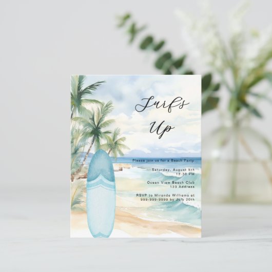 Surf's Up Beach Surfboard Summer Party uitnodiging (Staand voorkant)