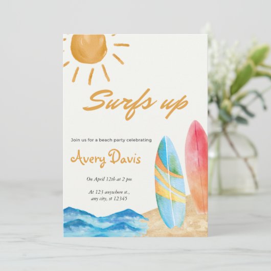 Surfs Up Beach Verjaardagsfeestuitnodiging Kaart (Staand voorkant)