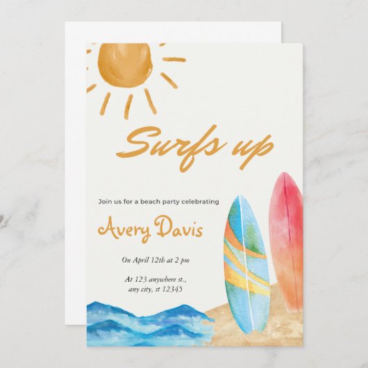 Surfs Up Beach Verjaardagsfeestuitnodiging Kaart (Voorkant / Achterkant)