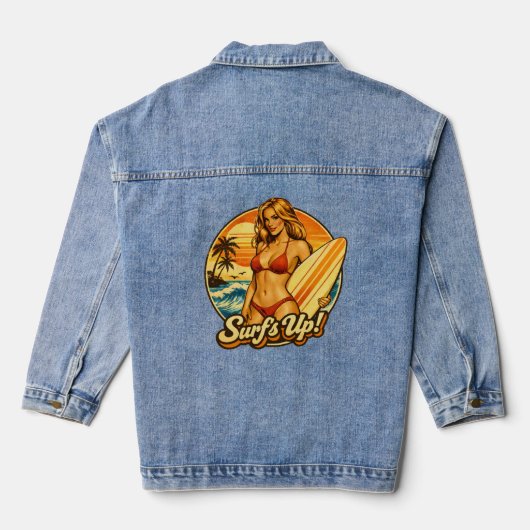 Surf's Up Bikini Pin-Up | Retro Surf Shop Graphic Denim Jacket (Achterkant)
