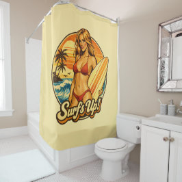 Surf's Up Bikini Pin-Up | Retro Surf Shop Graphic Douchegordijn