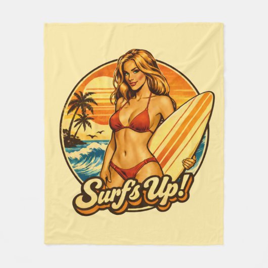 Surf's Up Bikini Pin-Up | Retro Surf Shop Graphic Fleece Deken (Voorkant)