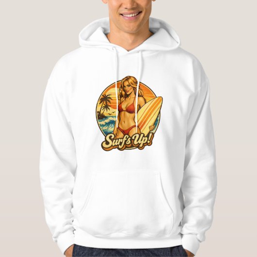 Surf's Up Bikini Pin-Up | Retro Surf Shop Graphic Hoodie (Voorkant)