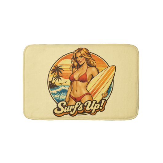 Surf's Up Bikini Pin-Up | Retro Surf Winkel Grafis Badmat (Voorkant)