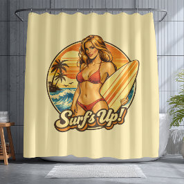 Surf's Up Bikini Pin-Up | Retro Surf Winkel Grafis Douchegordijn