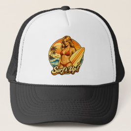 Surf's Up Bikini Pin-Up | Retro Surf Winkel Grafis Trucker Pet