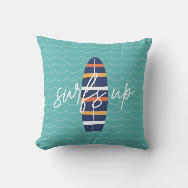 Surfs Up blauwe surfplank en golven Worpkussen Kussen (Voorkant)