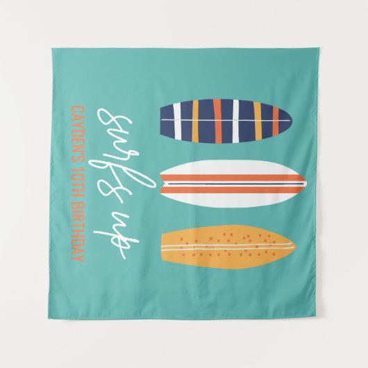 Surfs Up BOY Surfplank strand verjaardagsfeestje Wandkleed (Voorkant (horizontaal))