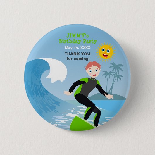 Surf's up boy Verjaardagsfeestje Ronde Button 5,7 Cm (Voorkant)