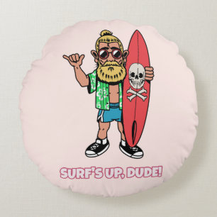 Surf's Up Dude Baardige Cartoon Surfer Rond Kussen
