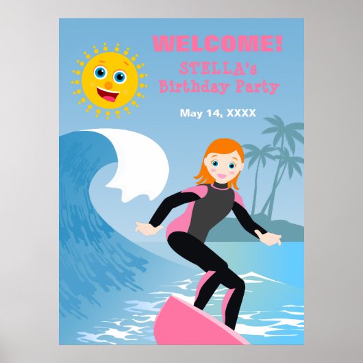 Surf's up Girly Verjaardagsfeestje Poster (Voorkant)
