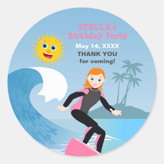 Surf's up Girly Verjaardagsfeestje Ronde Sticker (Voorkant)