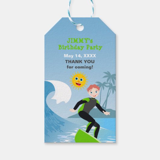 Surf's up jongens verjaardagsfeestje cadeaulabel (Voorkant)