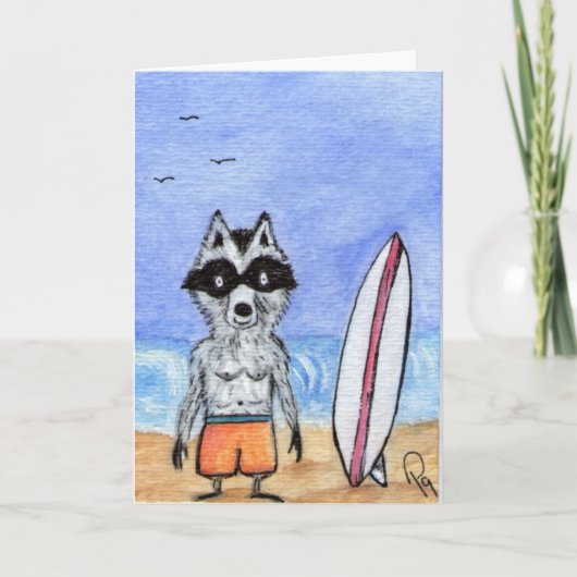Surf's Up! Raccoon with Surf Board Note Card Kaart (Voorkant)